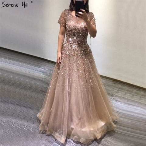 Gold Short Sleeves Beading Luxury Evening Dresses Gowns 2025 A-Line Lace Up For Women Party Design LA70464