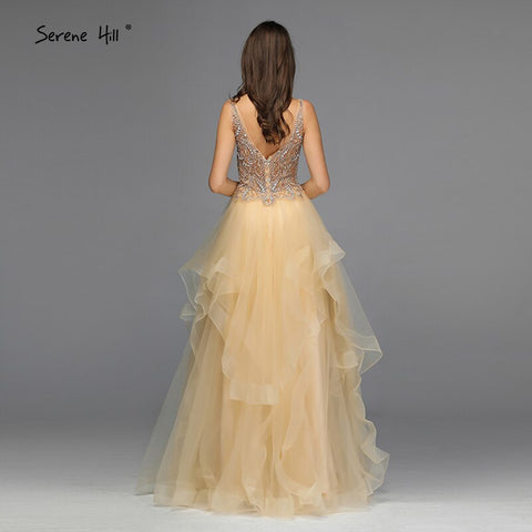 On Sale No Return No Refund Sale Gold V-Neck Beading Diamond Evening Dressese A-Line Sleeveless Sexy Evening Gowns Design 2025 LA70149