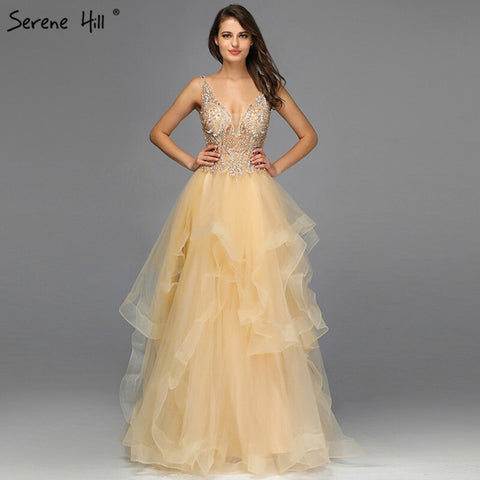 On Sale No Return No Refund Sale Gold V-Neck Beading Diamond Evening Dressese A-Line Sleeveless Sexy Evening Gowns Design 2025 LA70149