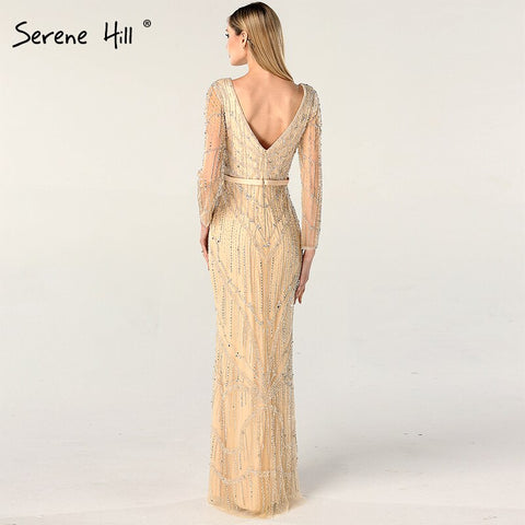 On Sale no return no refundSale Gold V-Neck Dubai Design Sexy Evening Dresses Luxury Long Sleeves Beading Crystal Evening Gowns 2025 LA60831
