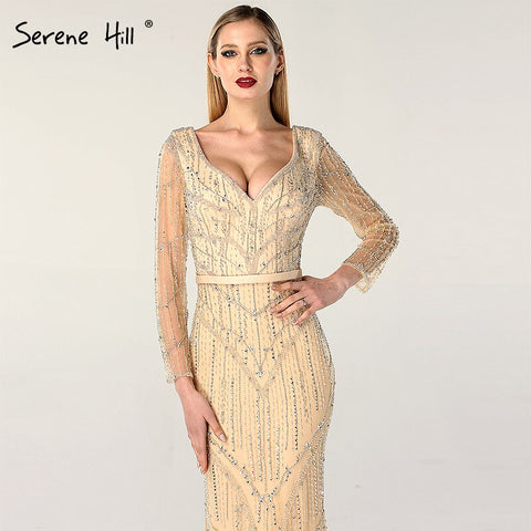 On Sale no return no refundSale Gold V-Neck Dubai Design Sexy Evening Dresses Luxury Long Sleeves Beading Crystal Evening Gowns 2025 LA60831