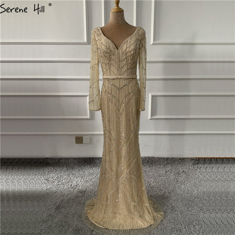 On Sale no return no refundSale Gold V-Neck Dubai Design Sexy Evening Dresses Luxury Long Sleeves Beading Crystal Evening Gowns 2025 LA60831