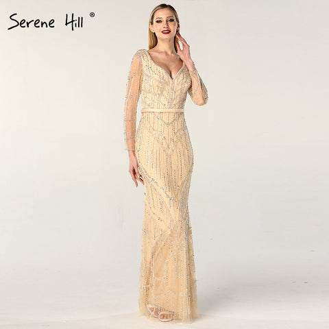 On Sale no return no refundSale Gold V-Neck Dubai Design Sexy Evening Dresses Luxury Long Sleeves Beading Crystal Evening Gowns 2025 LA60831