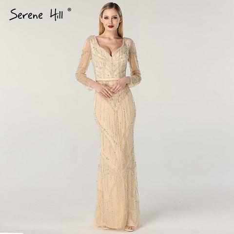 On Sale no return no refundSale Gold V-Neck Dubai Design Sexy Evening Dresses Luxury Long Sleeves Beading Crystal Evening Gowns 2025 LA60831