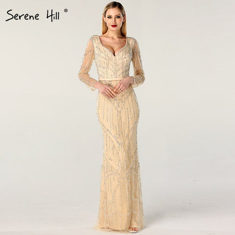 On Sale no return no refundSale Gold V-Neck Dubai Design Sexy Evening Dresses Luxury Long Sleeves Beading Crystal Evening Gowns 2025 LA60831