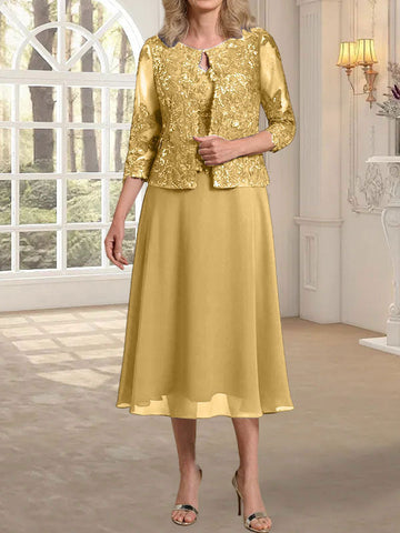 A-line Scoop Tea-Length Lace Chiffon Mother of the Bride Dress With Sequins