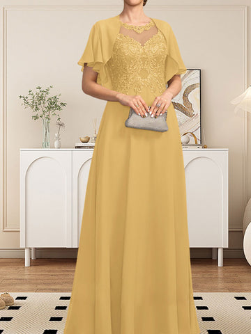 A-line Scoop Illusion Floor-Length Lace Chiffon Mother of the Bride Dress With Sequins
