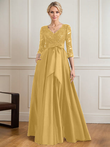 A-line V-Neck Floor-Length Satin Lace Mother of the Bride Dress With Sequins Bow