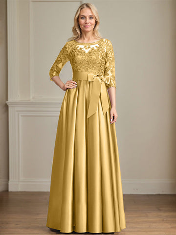 A-line Scoop Illusion Floor-Length Satin Lace Mother of the Bride Dress With Sequins Bow