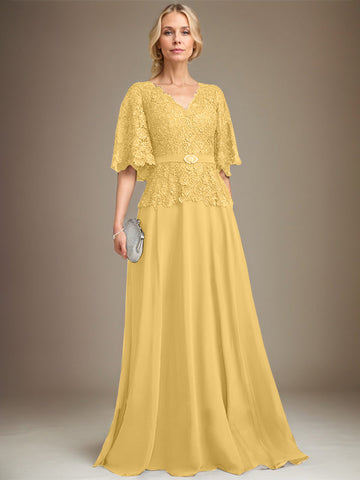 A-line V-Neck Floor-Length Chiffon Lace Mother of the Bride Dress With Crystal Brooch Rhinestone