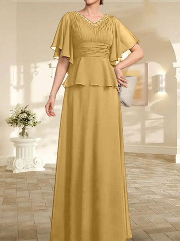 A-line V-Neck Floor-Length Chiffon Mother of the Bride Dress With Pleated Beading