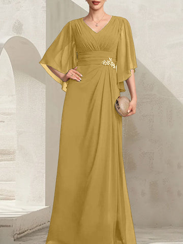 Sheath/Column V-Neck Floor-Length Chiffon Mother of the Bride Dress With Pleated Sequins Beading