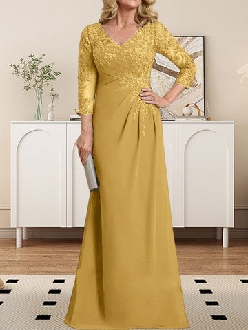 Sheath/Column V-Neck Illusion Floor-Length Lace Chiffon Mother of the Bride Dress With Pleated Sequins