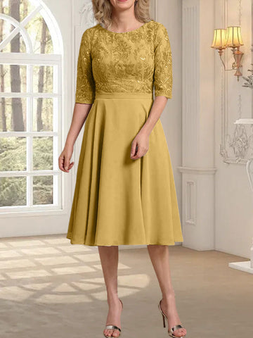 A-line Scoop Knee-Length Lace Chiffon Mother of the Bride Dress