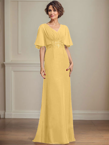 A-line V-Neck Floor-Length Chiffon Mother of the Bride Dress With Pleated Sequins Appliques Lace