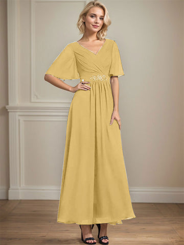 A-line V-Neck Ankle-Length Chiffon Mother of the Bride Dress With Pleated Beading Sequins