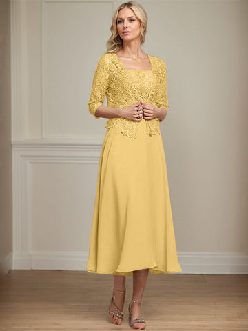 A-line Square Tea-Length Chiffon Lace Mother of the Bride Dress With Sequins Beading