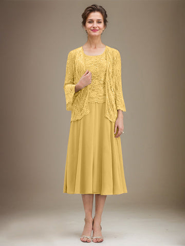 A-line Scoop Tea-Length Lace Chiffon Mother of the Bride Dress With Sequins