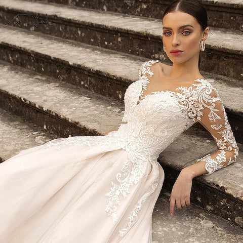 Gorgeous Lace Wedding Dresses Long Sleeve Women's Elegant Tulle Sticker Floral Champagne Bridal Gowns Princess Formal Party Robe