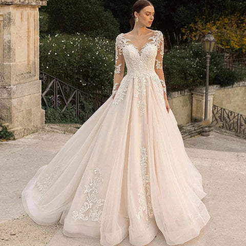 Gorgeous Lace Wedding Dresses Long Sleeve Women's Elegant Tulle Sticker Floral Champagne Bridal Gowns Princess Formal Party Robe