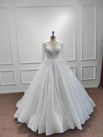 Gorgeous Long Ball Gown V-neck Glitter Sequins Wedding Dresses with Sleeves
