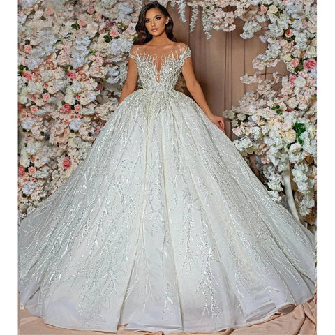 Gorgeous Sequins Ball Wedding Dresses Sweetheart Short Sleeves Lace Floor Length Custom Made Bridal Gowns Robe De Mariee 2023