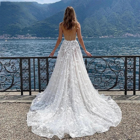 Gorgeous Sexy Off Shoulder Sleeveless High Fork Mopping Wedding Dresses With Split Beach Lace Bride Dresses Backless Custom Made