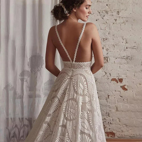 Gorgeous Spaghetti Strap Wedding Dresses Lace Bohemian Deep V-Neck Open Back Illusion Bridal Gowns свадебный наряд Robe De