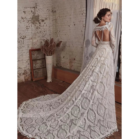 Gorgeous Spaghetti Strap Wedding Dresses Lace Bohemian Deep V-Neck Open Back Illusion Bridal Gowns свадебный наряд Robe De