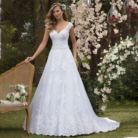 Graceful Tulle & Lace V-neck Neckline A-line Wedding Dresses With  Appliques & Beadings Sash Bridal Grown Vestido De