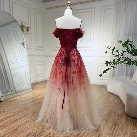 Gradual Change Red A-Line Sexy Evening Dresses 2025 Beading Sequins Boat Neck Formal Dress Design LA70516
