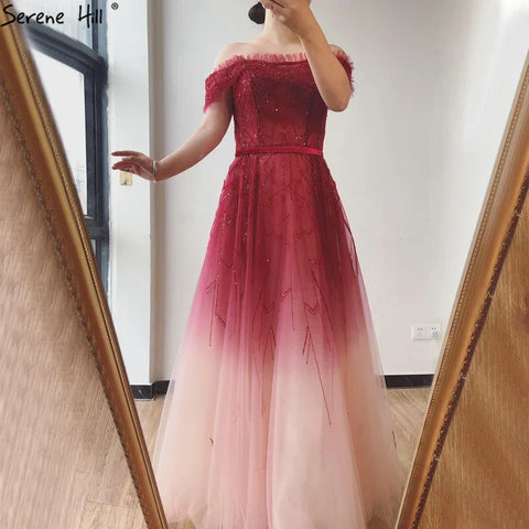 Gradual Change Red A-Line Sexy Evening Dresses 2025 Beading Sequins Boat Neck Formal Dress Design LA70516