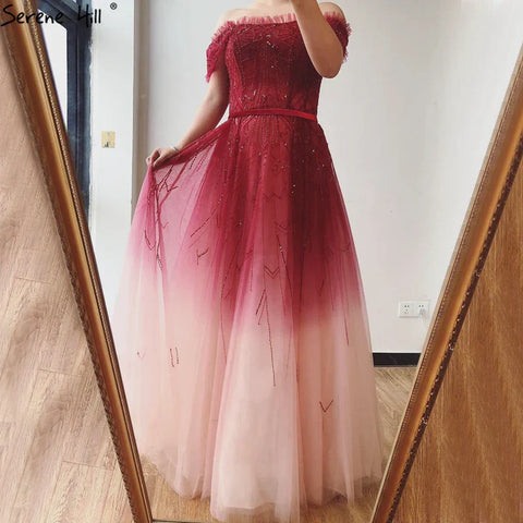 Gradual Change Red A-Line Sexy Evening Dresses 2025 Beading Sequins Boat Neck Formal Dress Design LA70516