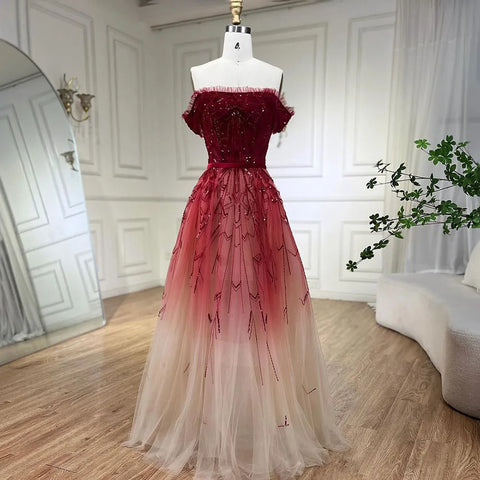 Gradual Change Red A-Line Sexy Evening Dresses 2025 Beading Sequins Boat Neck Formal Dress Design LA70516