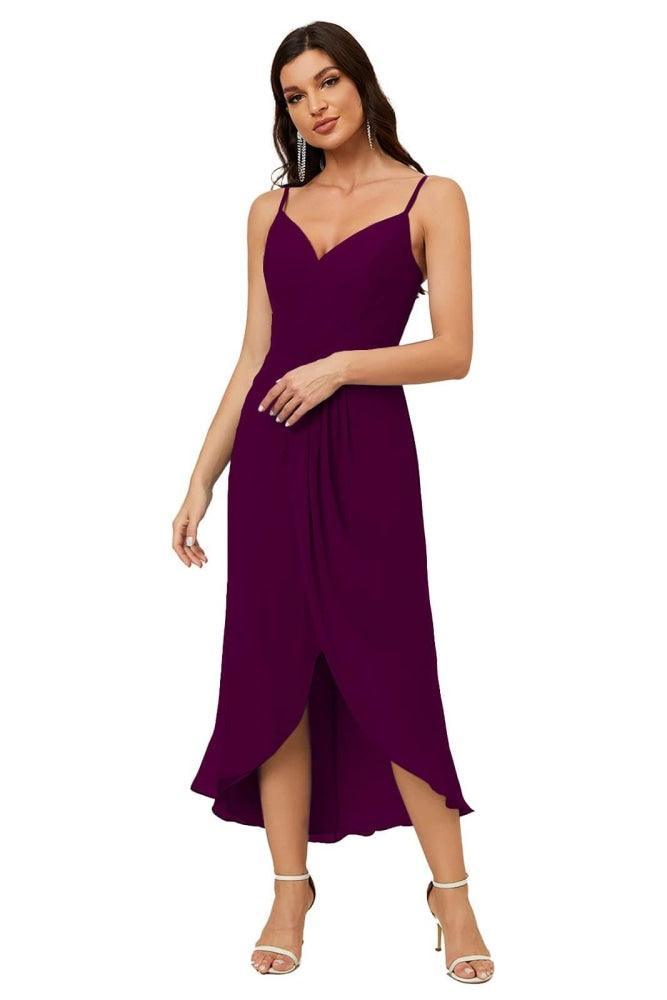 Spaghetti Chiffon V Neck Bridesmaid Dress Mid-Length Slit Formal Prom Dress Homecoming Dress 2803