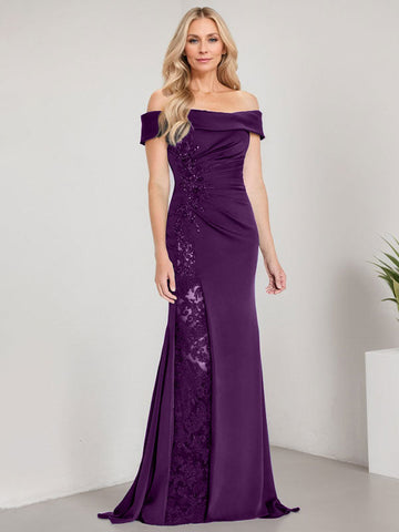 A-Line Off the Shoulder Floor-Length Mother of the Bride Dress Applique Beadings Mermaid Dress With  High Split
