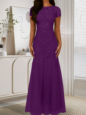 Dark Navy Mermaid Scoop Sequins Tulle Dress