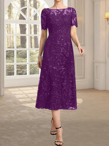 A-line Scoop Illusion Tea-Length Lace Mother of the Bride Dress With Sequins