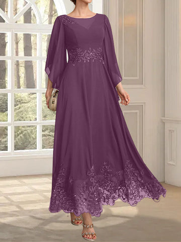 A-line Scoop Illusion Ankle-Length Lace Chiffon Mother of the Bride Dress With Sequins