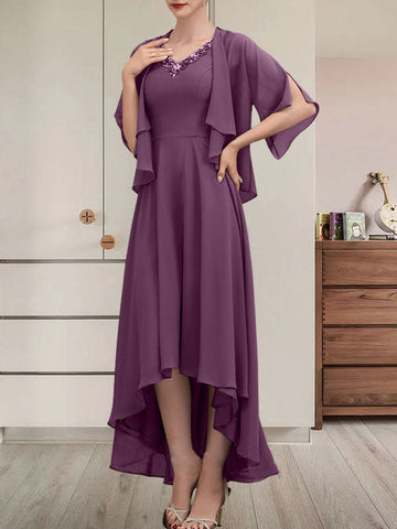 A-line V-Neck Asymmetrical Chiffon Mother of the Bride Dress With Beading Sequins