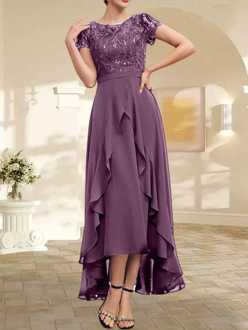A-line Scoop Illusion Asymmetrical Chiffon Lace Mother of the Bride Dress With Bow Ruffle Sequins