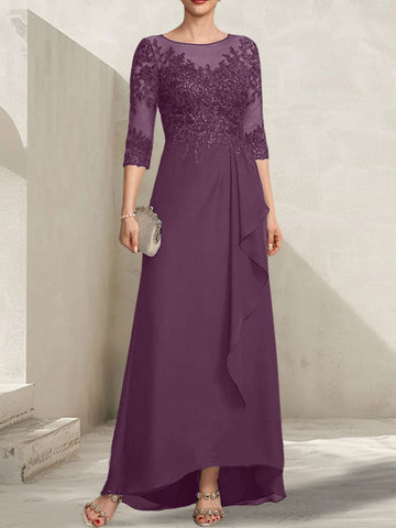 A-line Scoop Illusion Asymmetrical Lace Chiffon Mother of the Bride Dress With Sequins Cascading Ruffles