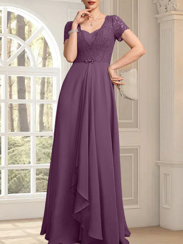 A-line Sweetheart Floor-Length Chiffon Lace Mother of the Bride Dress With Beading Cascading Ruffles