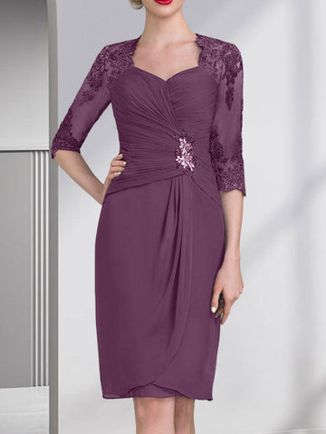 Sheath/Column Sweetheart Knee-Length Chiffon Mother of the Bride Dress With Beading Appliques Lace Sequins Pleated