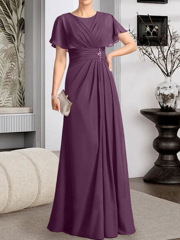 A-line Scoop Floor-Length Chiffon Mother of the Bride Dress With Pleated Beading