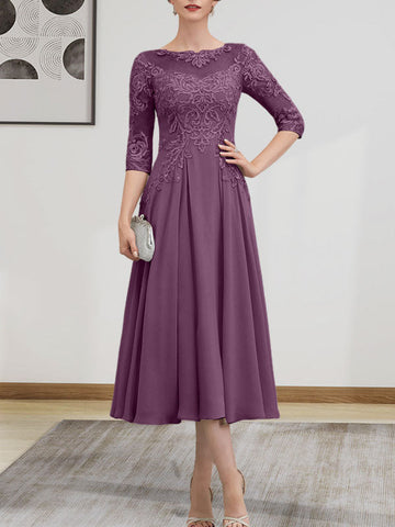 A-line Scoop Illusion Tea-Length Chiffon Lace Mother of the Bride Dress With Beading Sequins