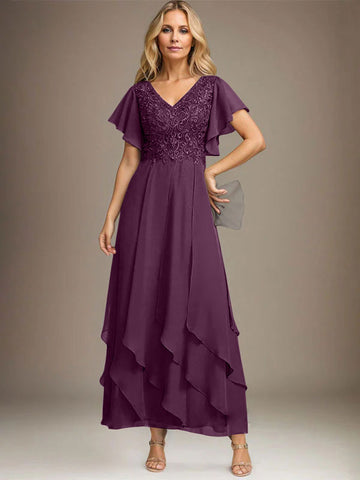 A-line V-Neck Ankle-Length Lace Chiffon Mother of the Bride Dress With Cascading Ruffles