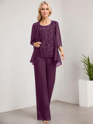 Separates Jumpsuit/Pantsuit Scoop Floor-Length Lace Chiffon Mother of the Bride Dress With Sequins