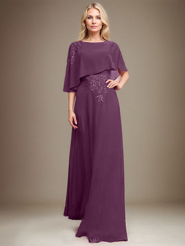 A-line Scoop Floor-Length Chiffon Lace Mother of the Bride Dress With Sequins Beading