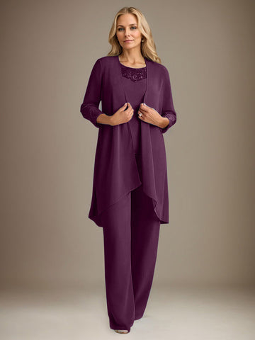 Chiffon Scoop Long Sleeves Mother Of The Bride Pantsuits With Jacket